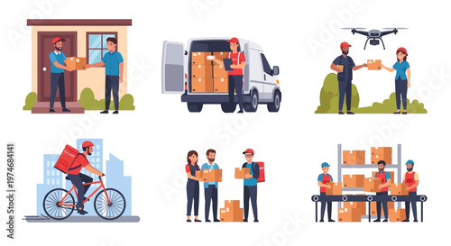 Delivery Services Collage: Drone, Van, Bike, Courier, Warehouse, Doorstep