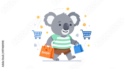Cute Koala Character Shopping with Bags and Carts, Online Retail Concept