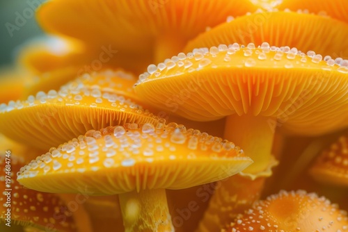 Close up of a cluster of vibrant orange mushrooms, their caps adorned with glistening dewdrops, creating a magical scene in a lush forest