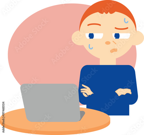 senior man thinking while using computer with background illustration