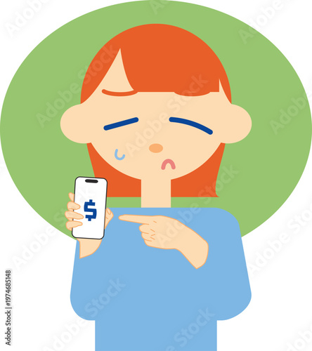 serious worried woman using smartphone financial problem with background illustration