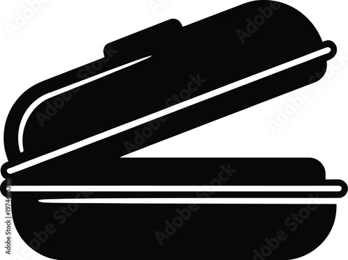 Black silhouette icon of an open rectangular food container on a white background open container