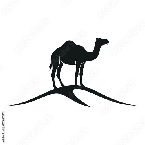 Black silhouette of a camel standing on a sand dune hill