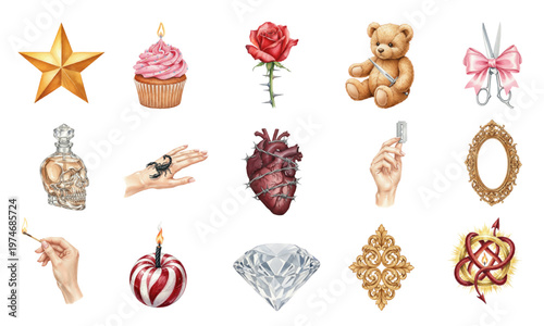 Vintage mystical watercolor clipart set with skull and heart