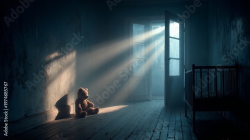 Teddy bear sitting on floor of dark room with open door and streaming light. Abandoned nursery in empty house. Childhood nostalgia and loneliness concept. Cinematic interior mystery.