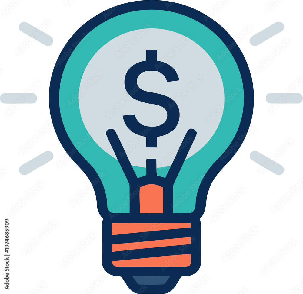 Fototapeta premium A cartoon lightbulb with a dollar sign inside represents a great business idea