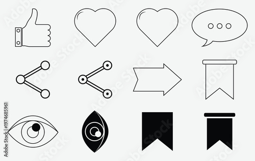 Social media interface UI Icons collection black line set outline style. network symbols and social media elements.  Vector illustration.