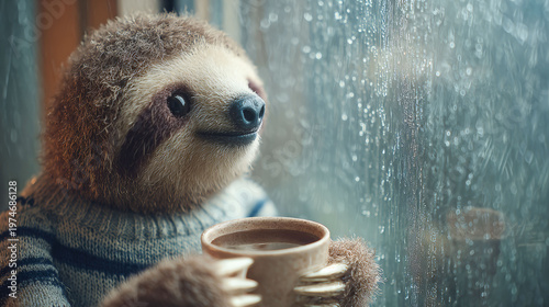 Sloth wearing knitted sweater looking through rainy window while holding cup of coffee. Concept of cozy home atmosphere during autumn weather. Melancholy and peaceful mood for relaxation.