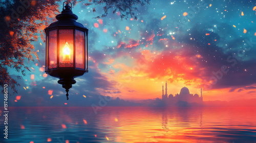 Glowing lantern hanging over calm water with mosque silhouette at sunset. Ramadan Kareem religious celebration concept. Peaceful evening scenery for Islamic holiday card background design.