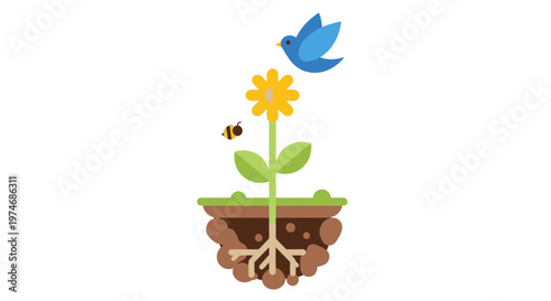 This flat design illustrates a perfectly balanced ecosystem, showcasing the harmonious interaction of various natural elements from soil to sky.