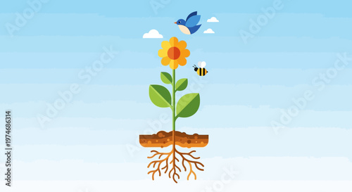 This flat design illustrates a perfectly balanced ecosystem, showcasing the harmonious interaction of various natural elements from soil to sky.