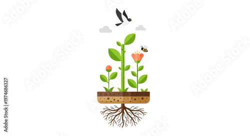 This flat design illustrates a perfectly balanced ecosystem, showcasing the harmonious interaction of various natural elements from soil to sky.