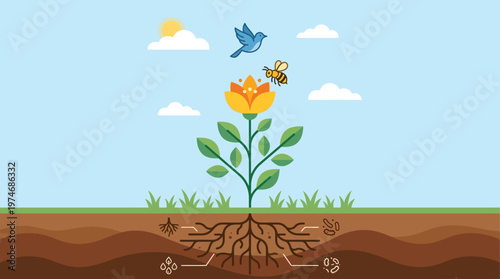 This flat design illustrates a perfectly balanced ecosystem, showcasing the harmonious interaction of various natural elements from soil to sky.