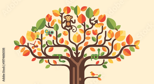 A beautiful flat design illustration of a 'Tree of Life', symbolizing biodiversity with diverse animals nestled within its colorful branches.
