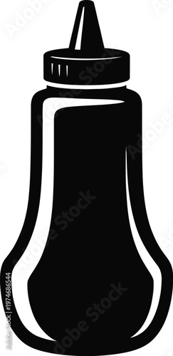 Black silhouette of a squeeze bottle with a cap on white background container condiment bottle