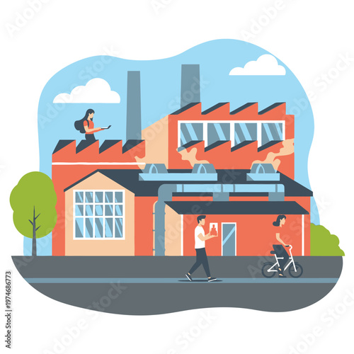 Modern Factory Building with People and Nature Elements.