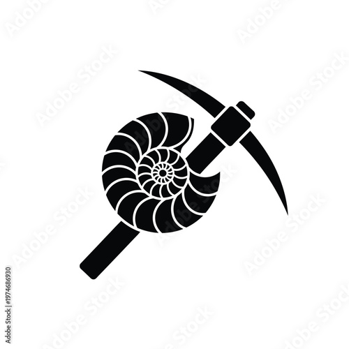 Black and white pickaxe with spiral nautilus shell