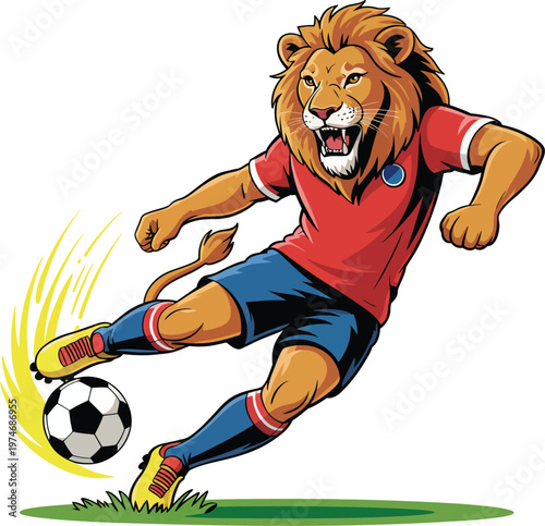  Lion Football player in motion, agile feline dribbling ball, stylized cartoon character, vibrant colors, dynamic running pose, athletic animal mascot, sports illustration, graphic design .