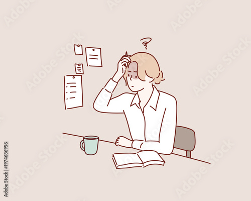 Stressed Young Woman Working from Home with Troubled Expression Original vector illustration drawn by hand.