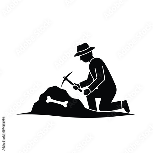 Black silhouette of a person digging with a pickaxe near a large bone