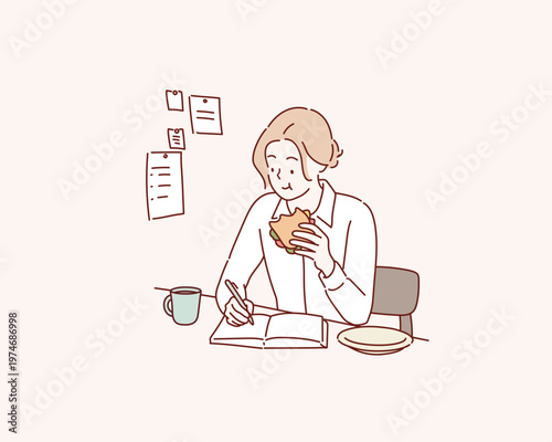 Young Woman Eating Healthy Sandwich During Lunch Break at Home Office Original vector illustration drawn by hand.