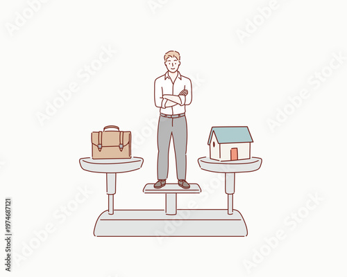 Successful Businessman Perfectly Balancing Work and Home on Scales Original vector illustration drawn by hand.