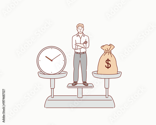 Happy Businessman Perfectly Balancing Money and Time on Scales Original vector illustration drawn by hand.