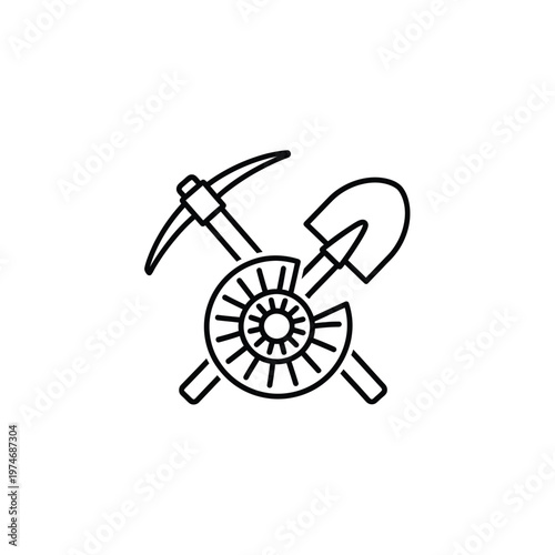 Black and white of crossed pickaxe shovel and mining symbol