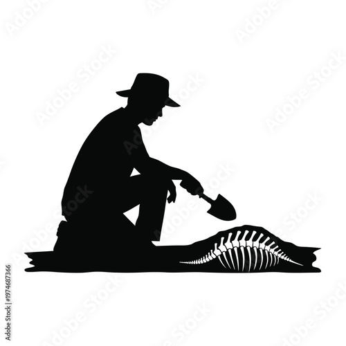 Silhouette of a person excavating fossil bones with a hand trowel