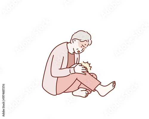 Senior Woman Suffering from Severe Knee Joint Pain and Crouching in Agony Original vector illustration drawn by hand.