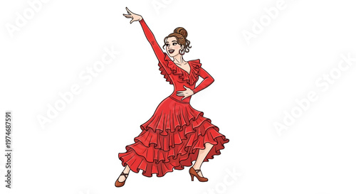 Woman in red flamenco dress dancing.