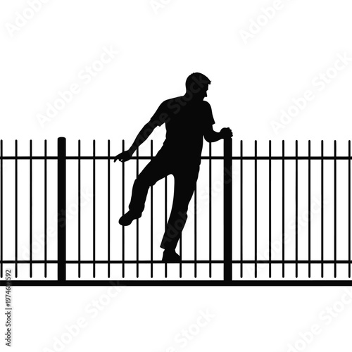 Silhouette of a man climbing an iron fence against a white background