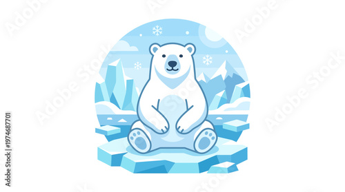 Cute Polar Bear Sitting on Ice Floe in Arctic Landscape with Snowflakes