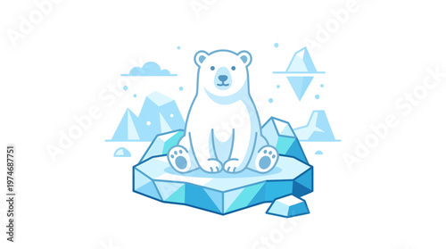 Cute Polar Bear Sitting on Ice Floe, Arctic Landscape, Winter Wildlife Illustration