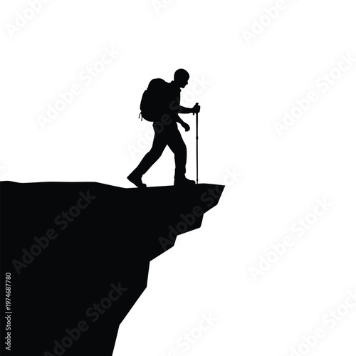 Silhouette of a hiker with backpack and trekking poles standing on cliff edge