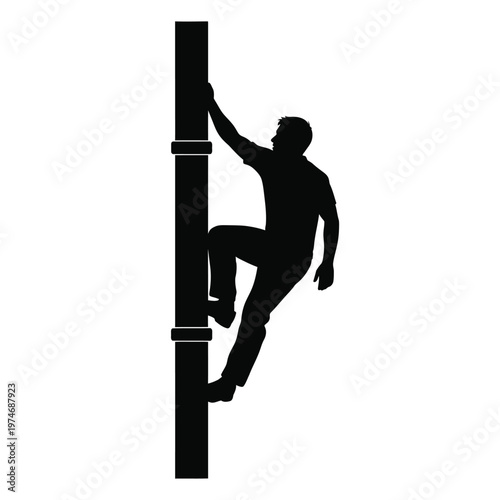 Silhouette of a man climbing a tall black pole