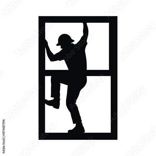Silhouette of a worker climbing a window frame in black and white