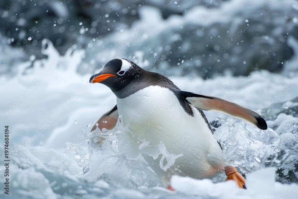 Fototapeta premium Gentoo penguin running and splashing through foamy water