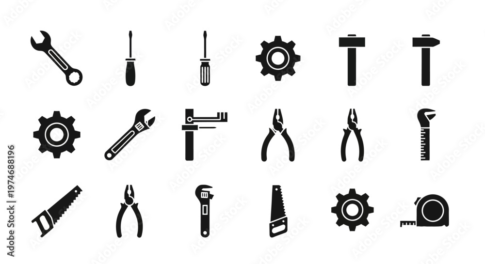 Obraz premium Extensive collection of essential hand tools and mechanical equipment icons for various repair, construction, and maintenance projects, perfect for graphic design