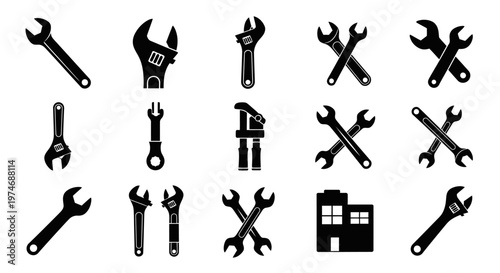 A versatile collection of black silhouette wrench and spanner icons, perfect for a wide range of mechanical engineering, home repair, and industrial maintenance projects and designs
