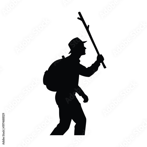 Black silhouette of a hiker wearing a hat and carrying a backpack