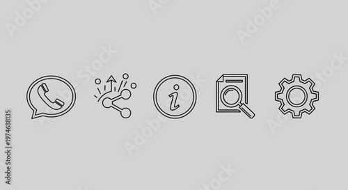 Essential user interface elements in a clean outline style, depicting core functionalities like messaging, strategic planning, data lookup, document analysis, and application adjustments