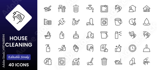  Home Cleaning Clean up the house. Washing floors, windows, dishes clothese,s and line. Sweeping the floor and wiping dust. Outline icon collection. Pictogram