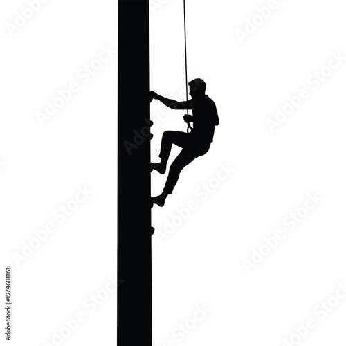 Silhouette of a person rock climbing up a vertical wall with rope