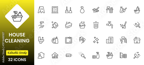  Home Cleaning Clean up the house. Washing floors, windows, dishes clothese,s and line. Sweeping the floor and wiping dust. Outline icon collection. Pictogram