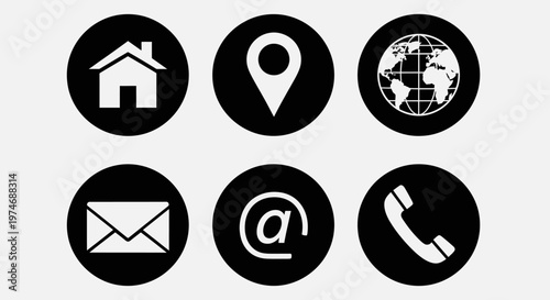 Set of six black and white circular icons representing common contact information and website navigation elements