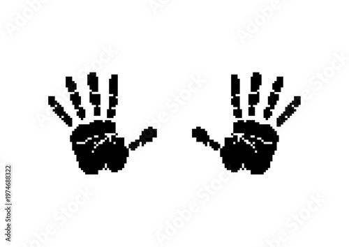 A pair of black handprints presented in a pixelated style on a stark white background. This digital illustration represents a human touch, a greeting, or a stop signal with a retro aesthetic.