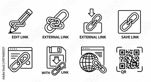 Collection of eight distinct web link icons showcasing various actions such as editing, saving, and external connections, including a QR code