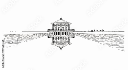 Circular building with multiple levels stands on water with reflection