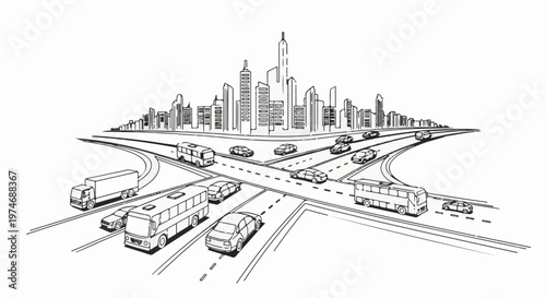 Busy city highway intersection with diverse vehicles and skyscrapers